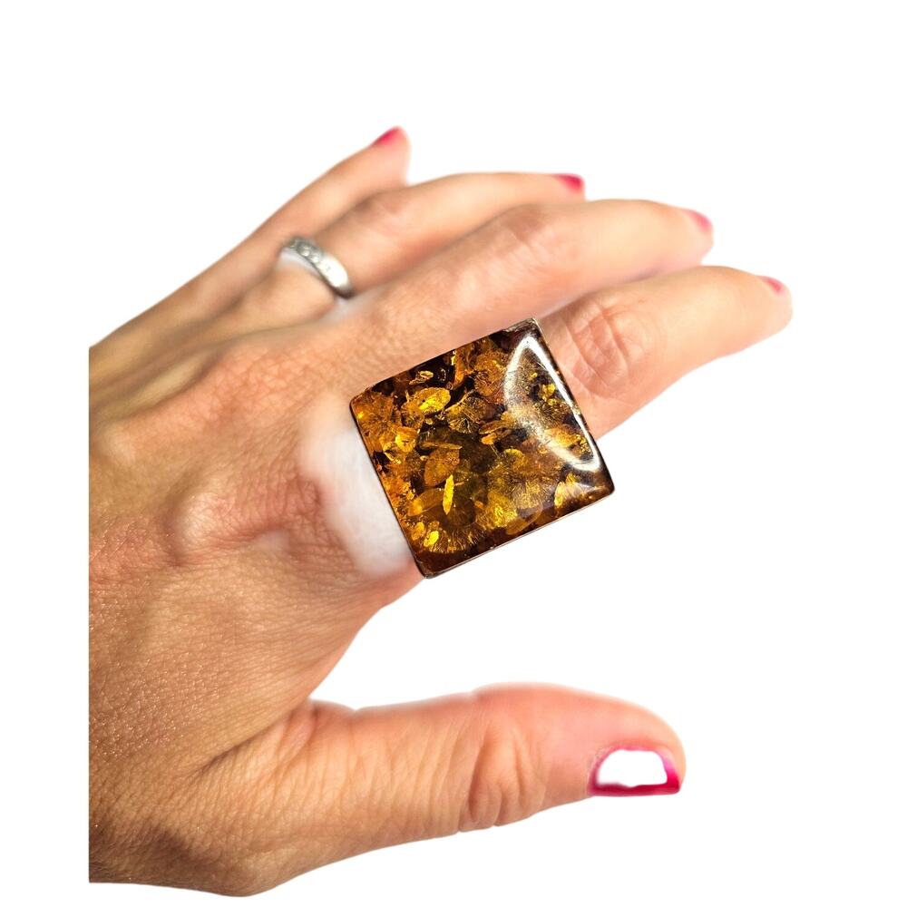 Yellow Orange Baltic Amber Sterling Silver Cocktail Ring - Size 8